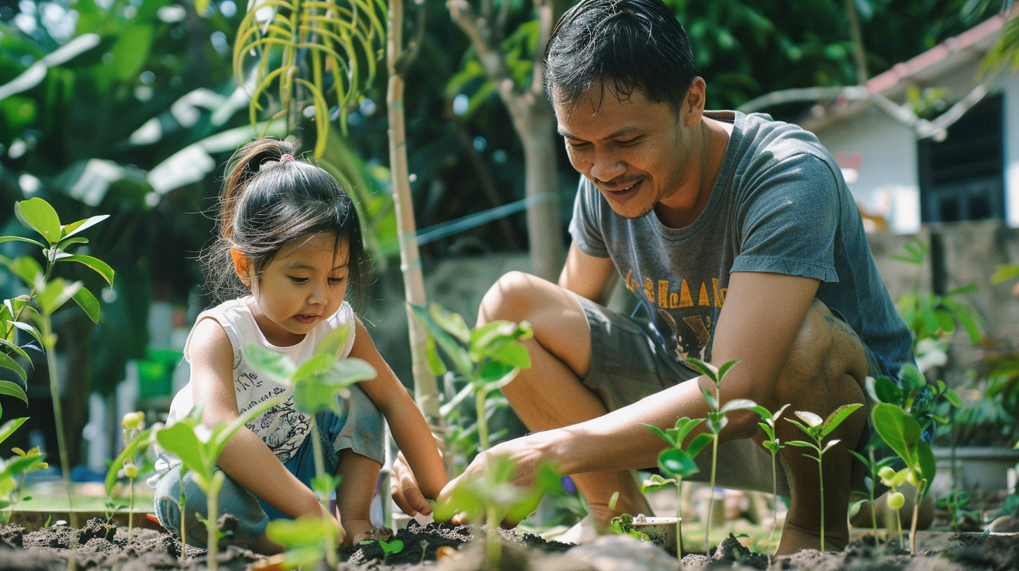 Filipino Dad Daughter Planting Seeds