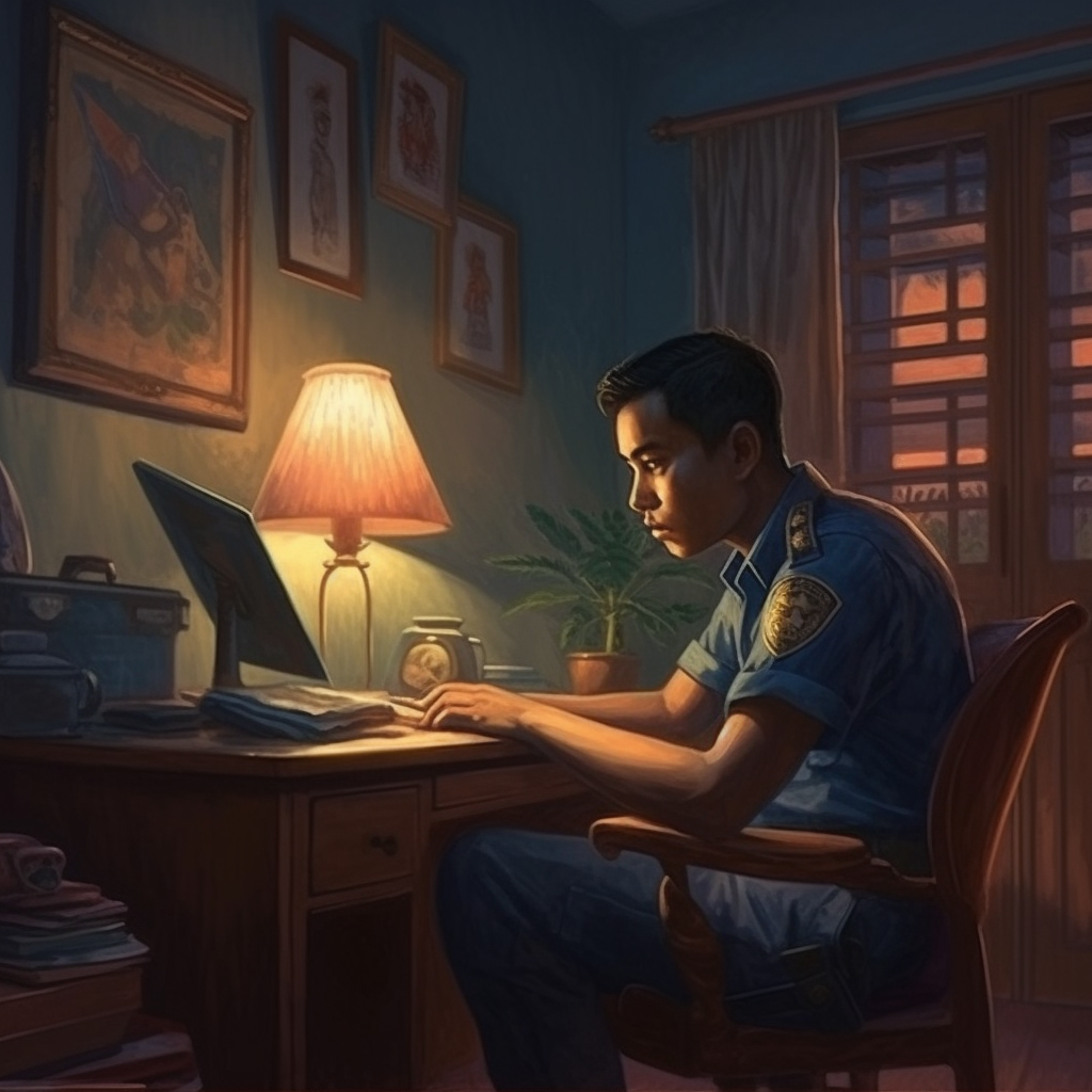 Filipino police officer secretly watching a computer