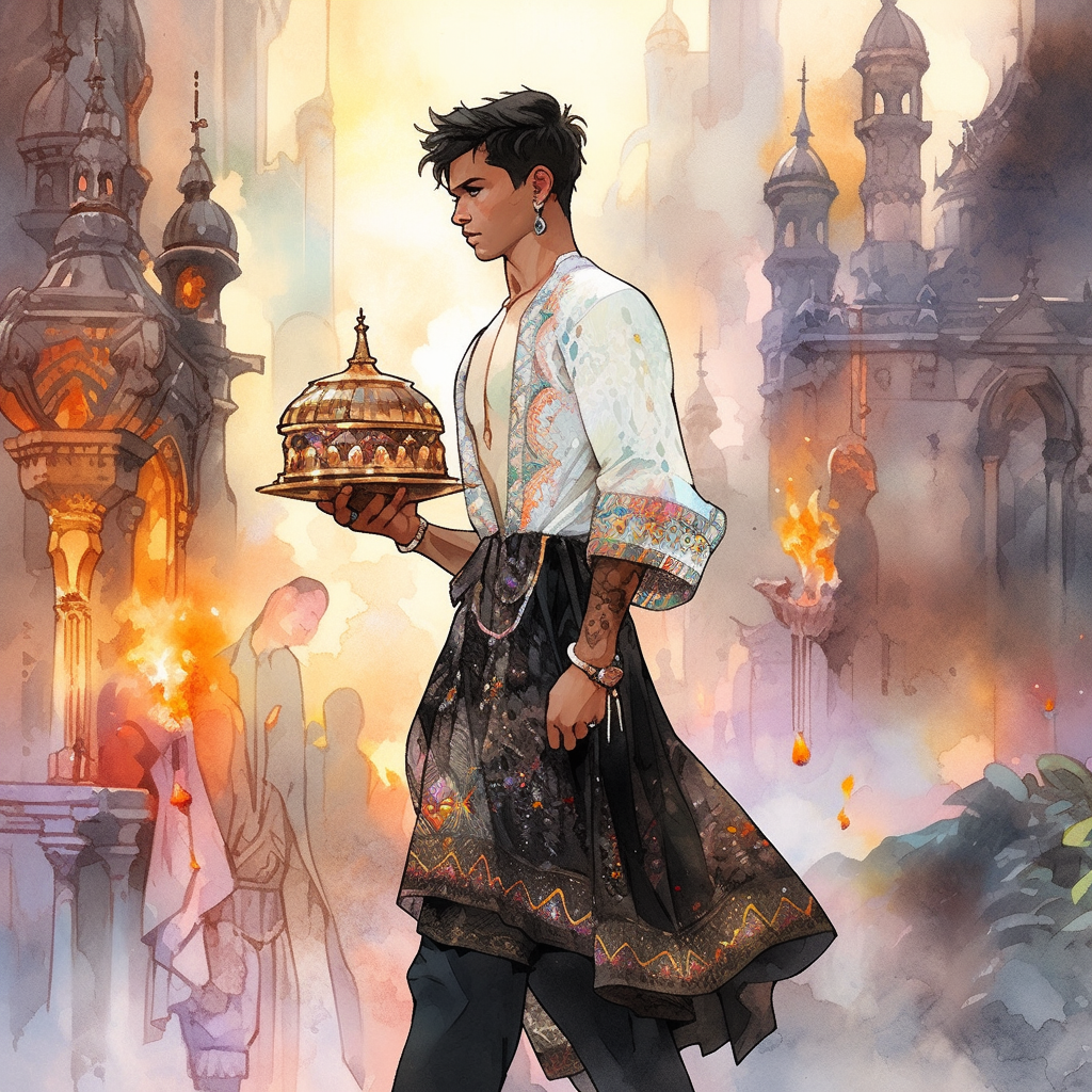 Filipino priest walking past Hindu temple with smoldering censer