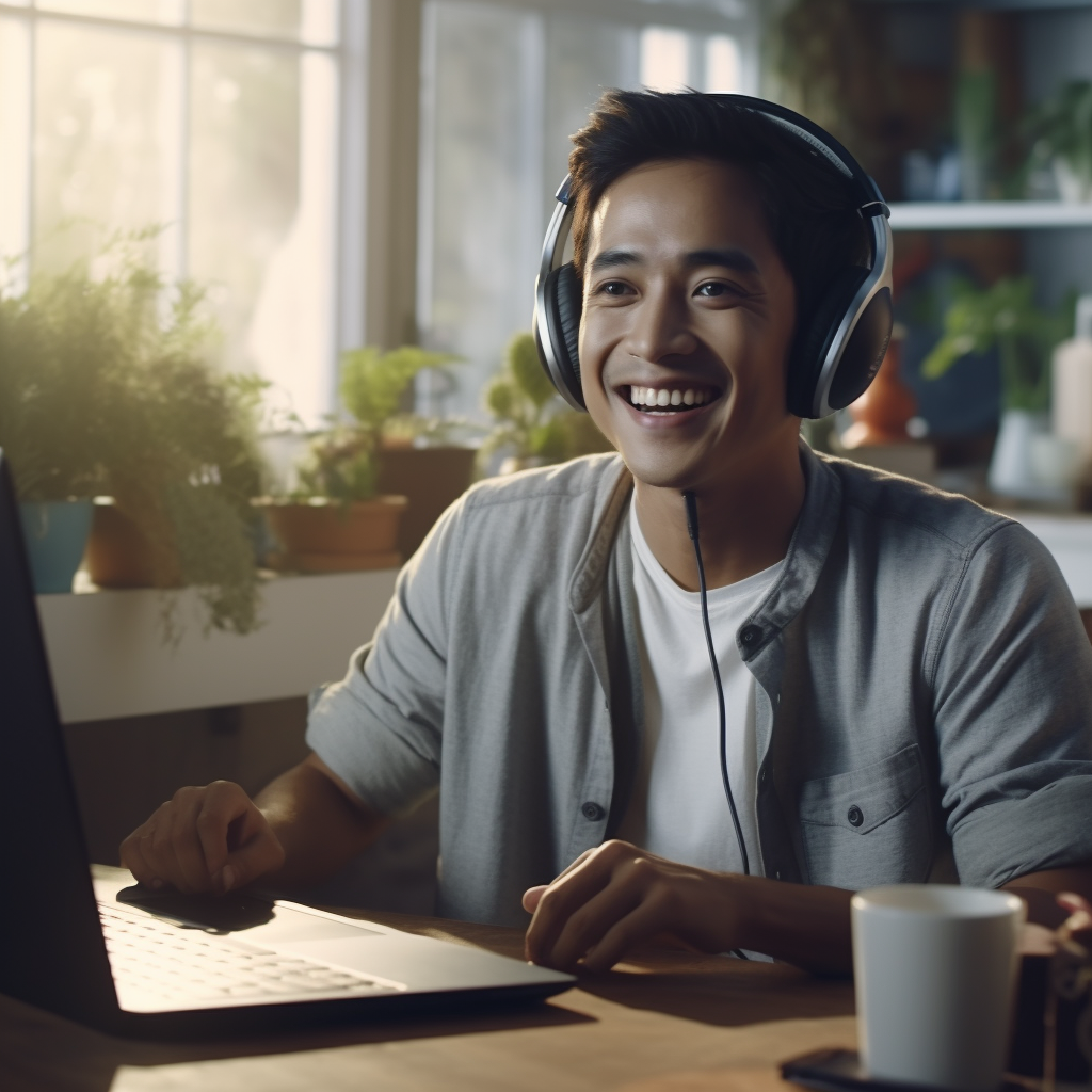 Filipino man working on computer in living room