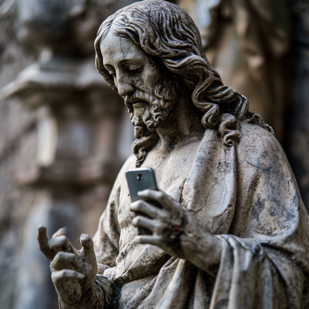 Close-up of Jesus Christ with Mobile Phone