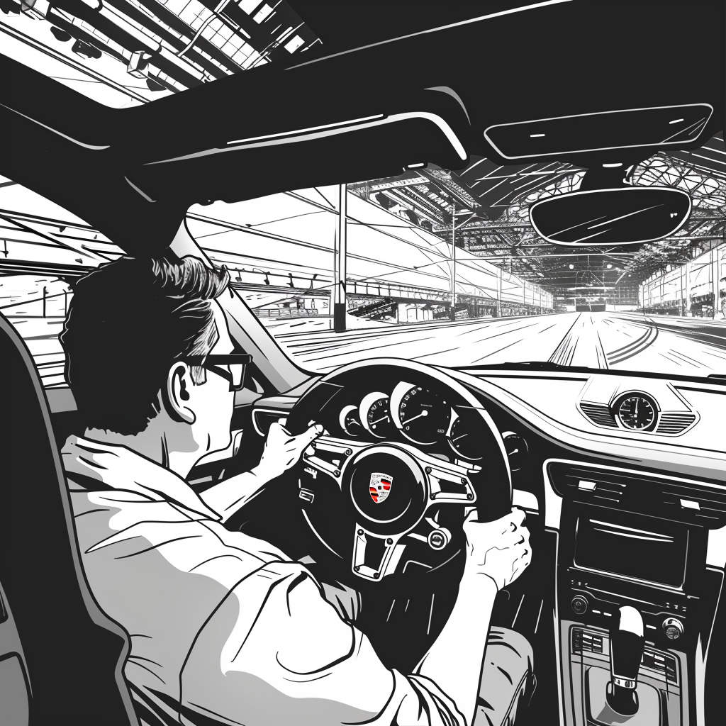 Handsome man driving Porsche illustration drawing