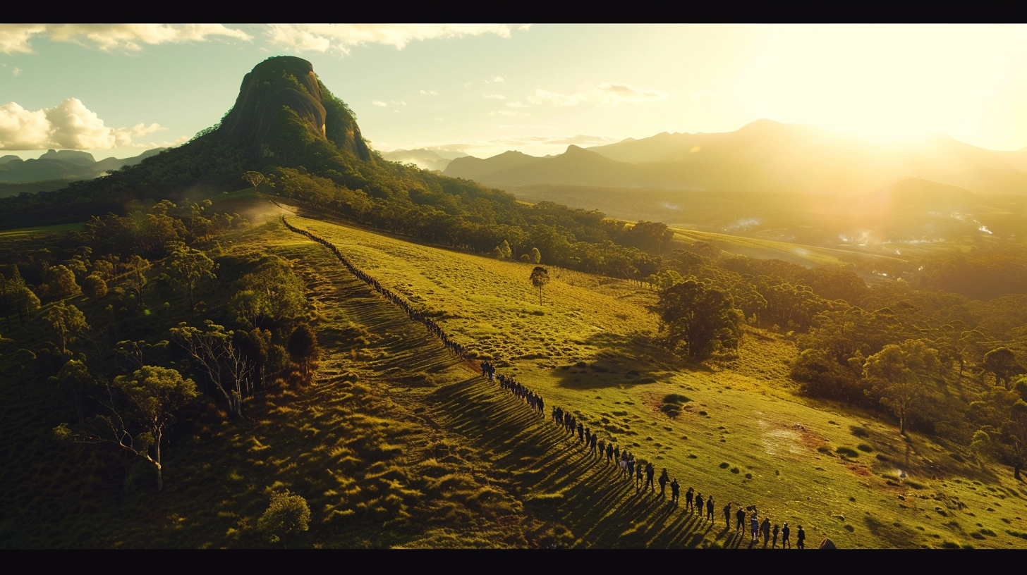 People in line at beautiful mountain