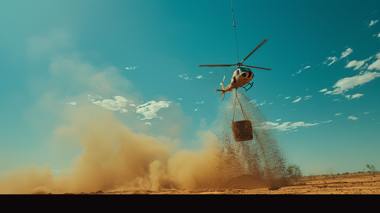 Helicopter carrying dirt bucket in Australia