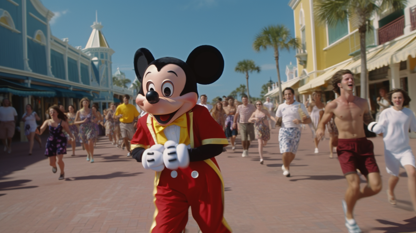 Film still of a guy in knock off Mickey Mouse costume running at a sea-themed theme park in Orlando, Florida