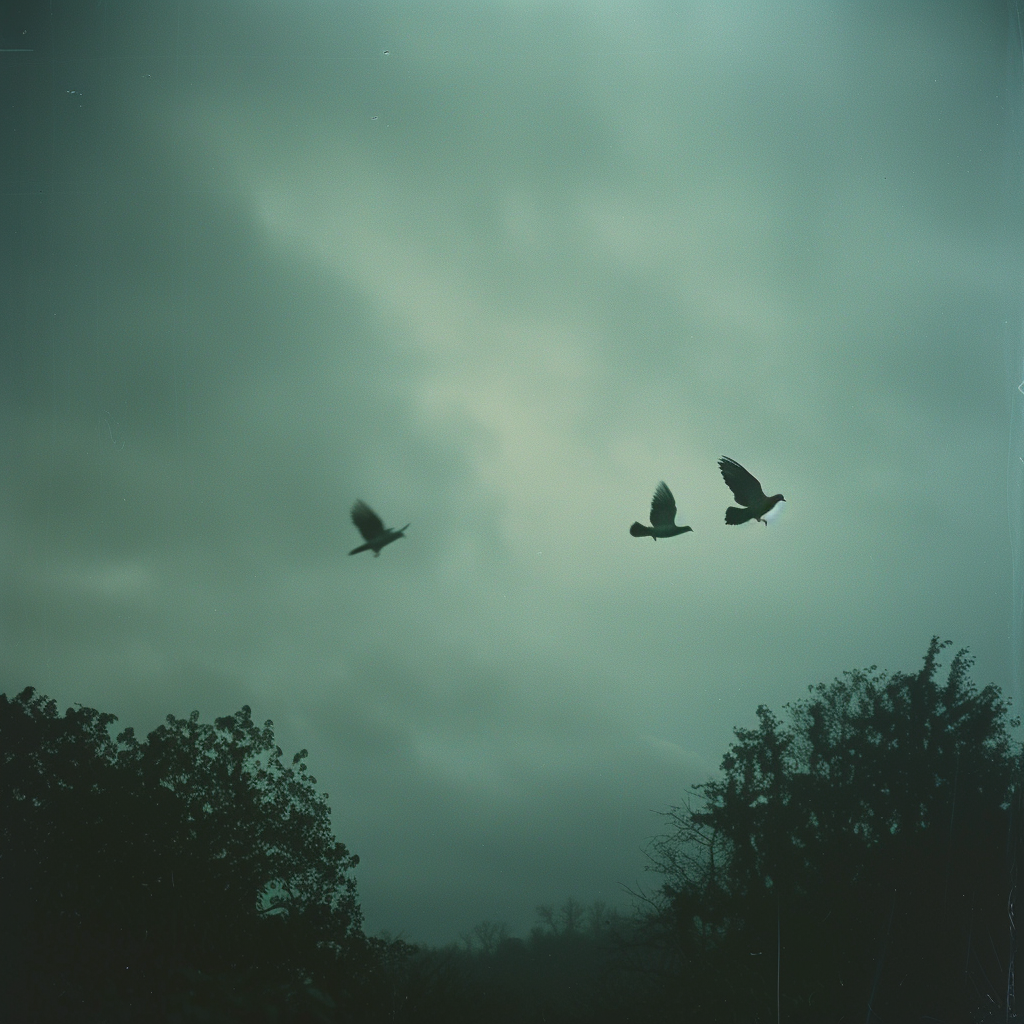 Moody stormy sky with flying doves