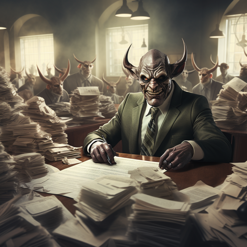 Villain in finance office with paperwork