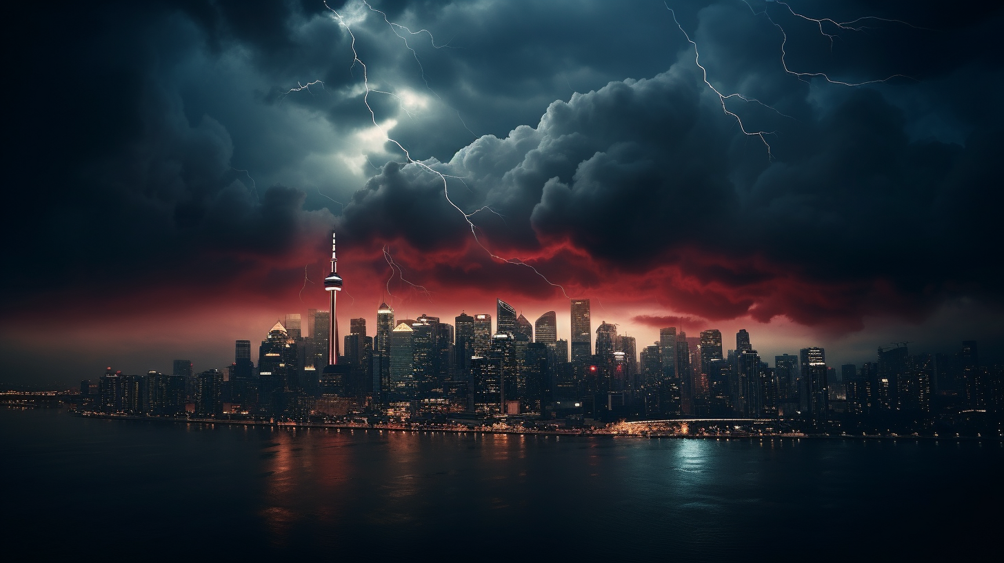 Dark clouds over city skyline symbolizing financial storm