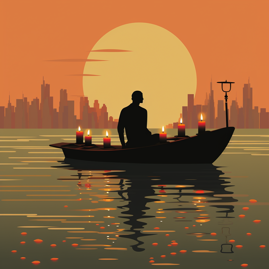 Man on Boat surrounded by Financial Chart Candlesticks