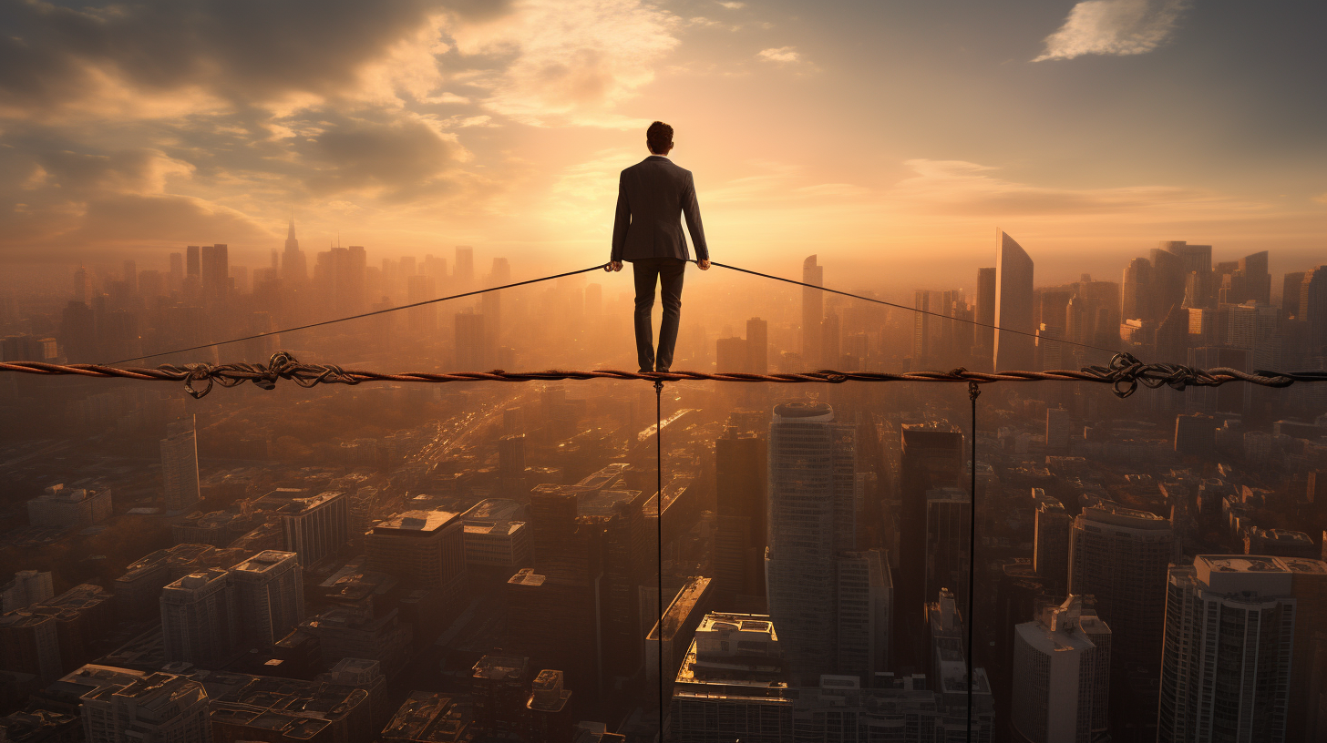 Tightrope walker balancing over cityscape