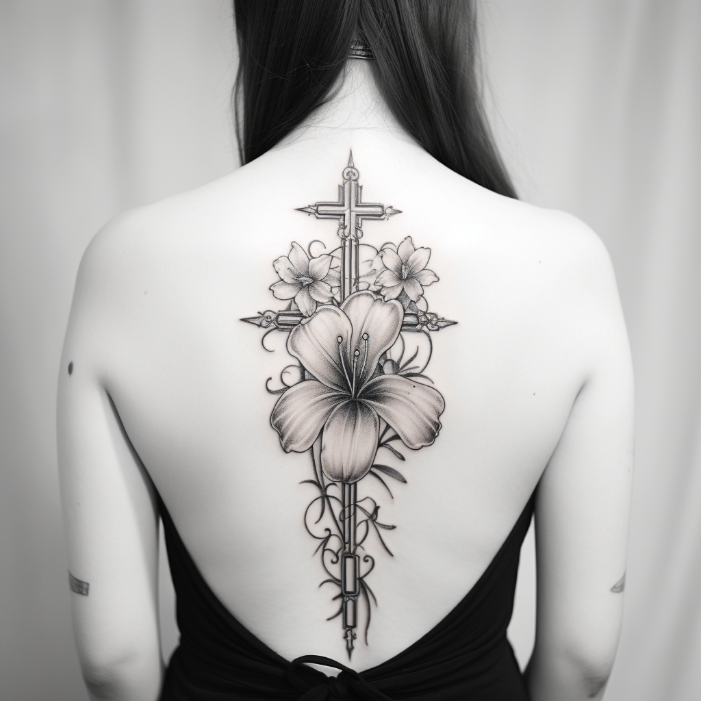 A fine line cross and lilly tattoo