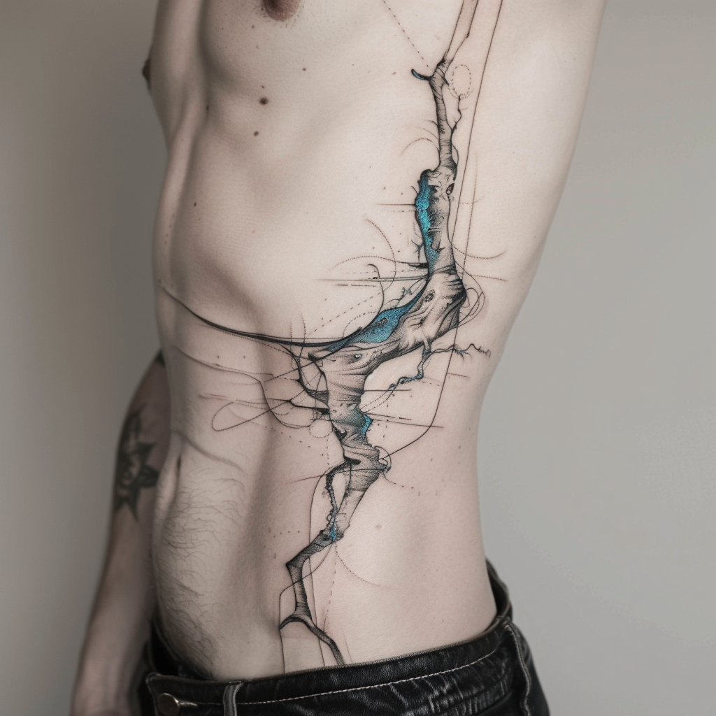 Fine line tattoo on man's ribs