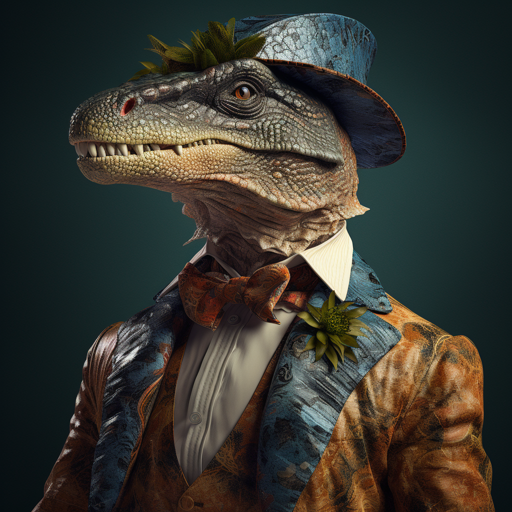 Mustached dinosaur in elegant attire