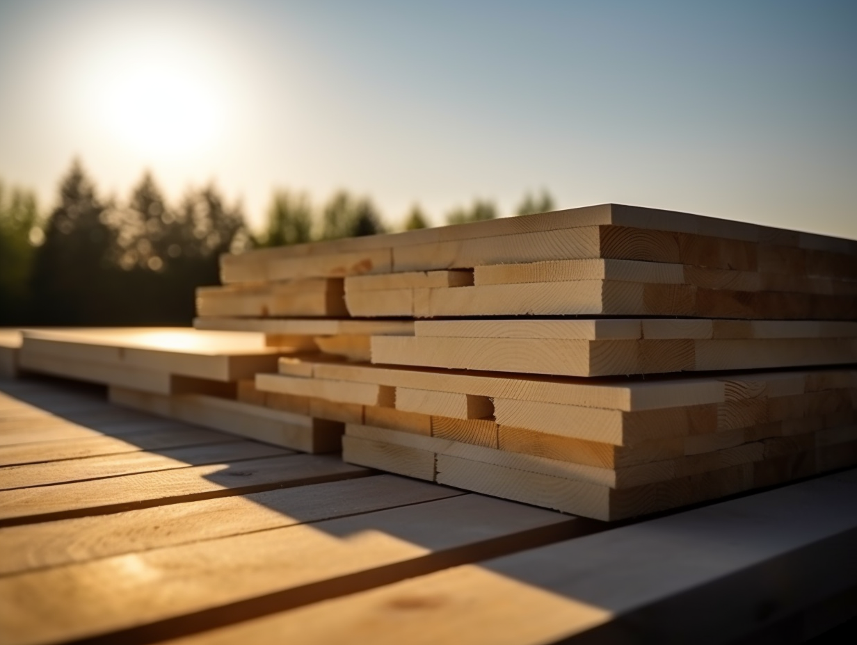 Stacked finishing boards outdoors in natural daylight