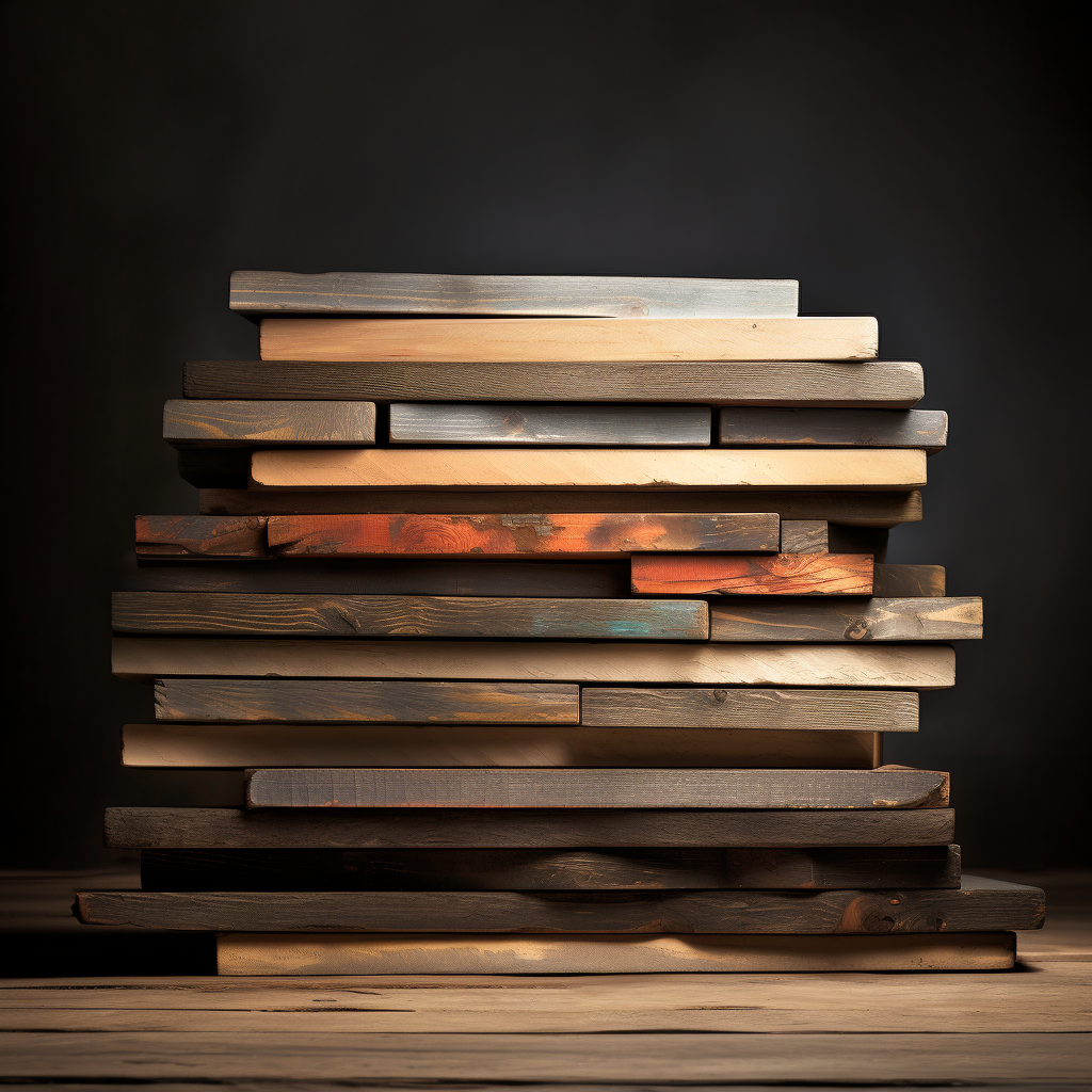 Realistic photograph of finishing boards stacked in a pile