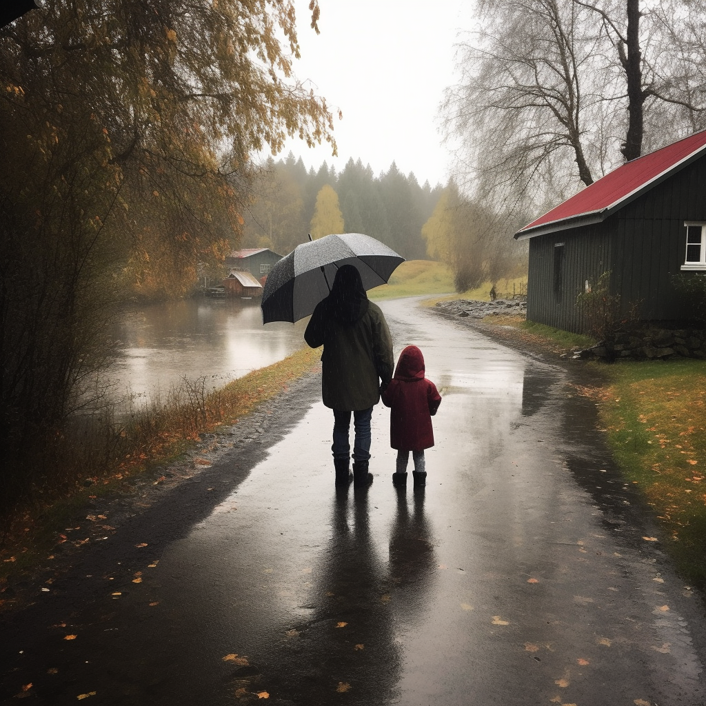 Father and child enjoying rainy November in Finland