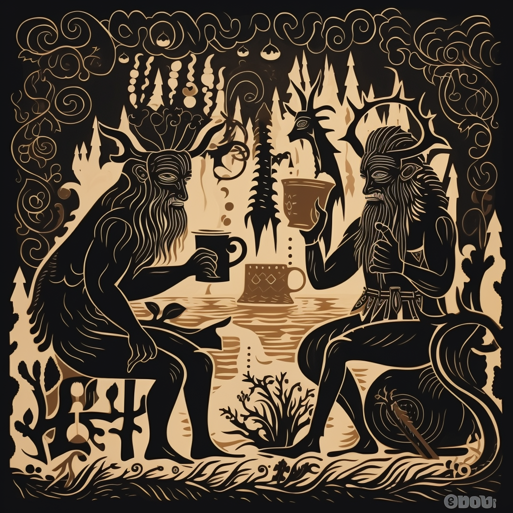 Two men with a Finnish forest spirit and coffee