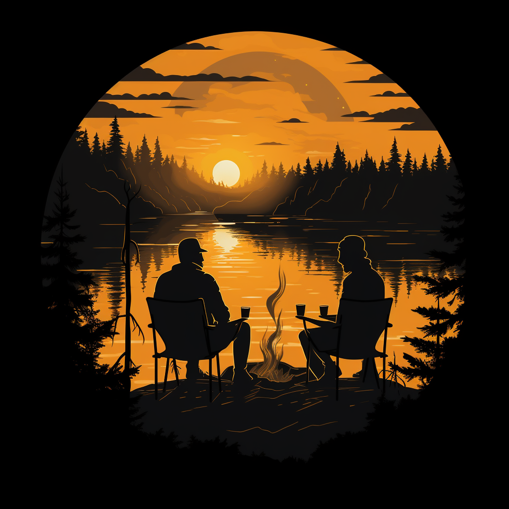 Silhouette men by campfire sipping coffee from guksis