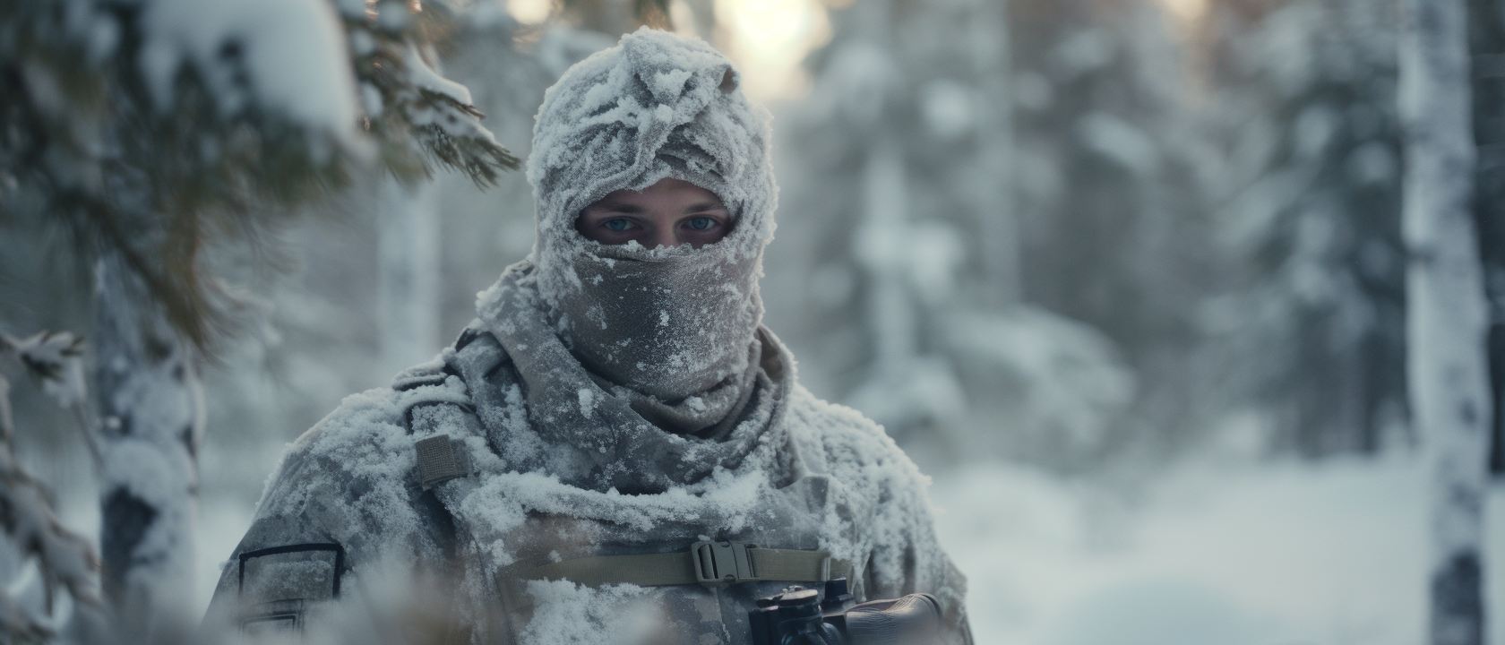 Finnish soldier in winter forest with rifle