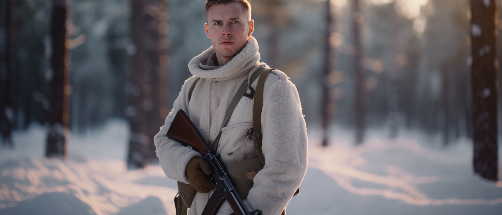 Finnish soldier in winter forest with rifle