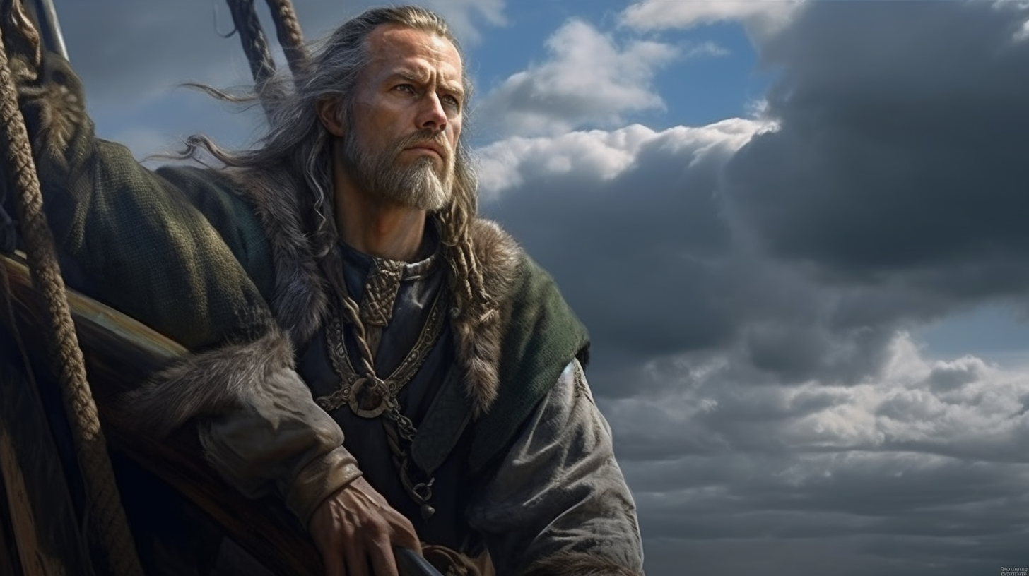 Realistic portrayal of Finnish Nordic hero Väinämöinen sailing