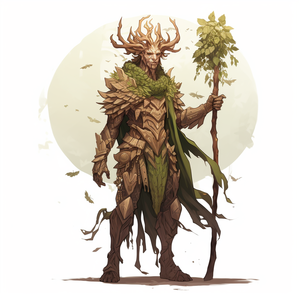 Firbolg Druid carrying gnarled staff adorned with leaves