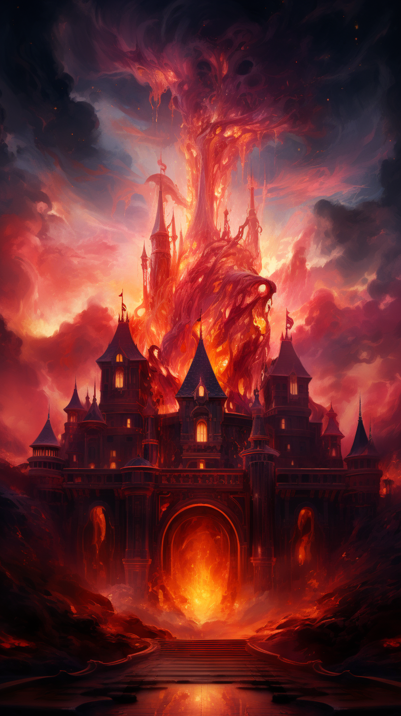 Fire castle illuminated with flames