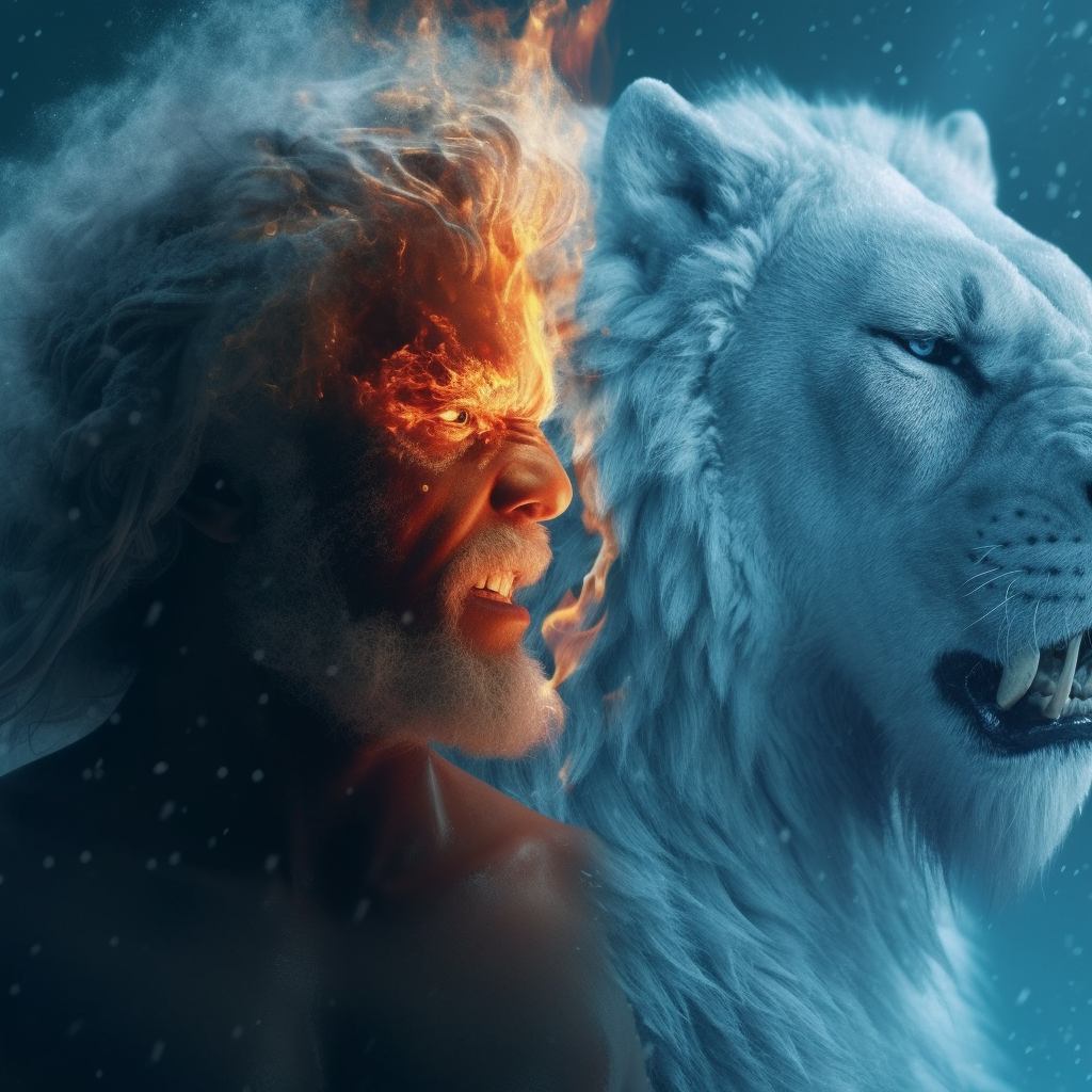 Photoreal Fire & Ice Bear with Lion's Head