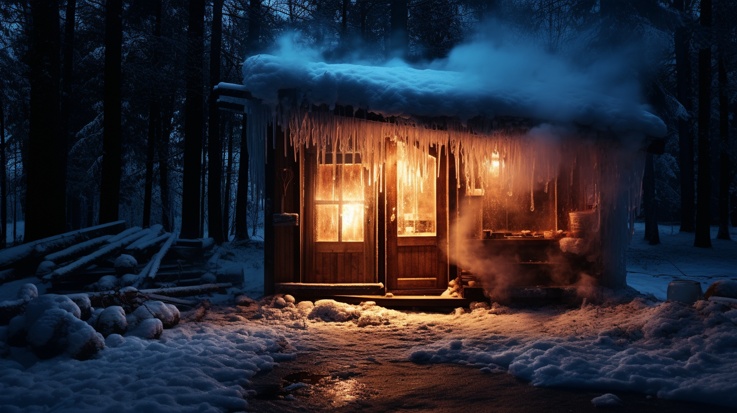 A serene scene of fire and ice in a small wooden hut