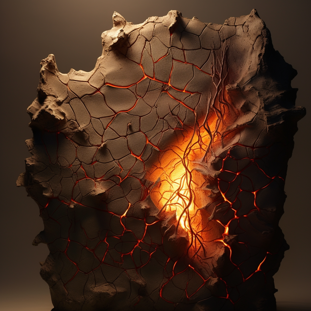 Firelight illuminating cracked clay stones