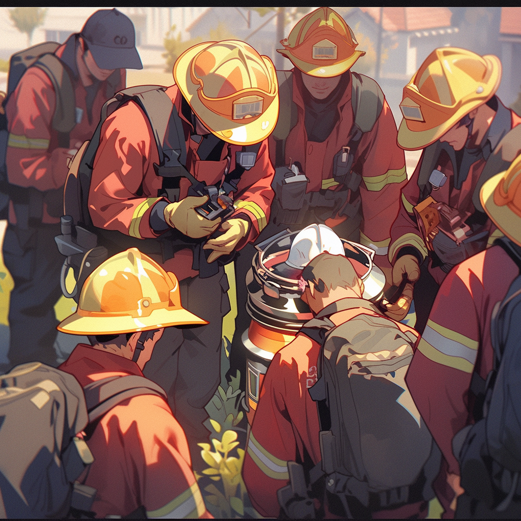 Brave firefighter with fellow team members