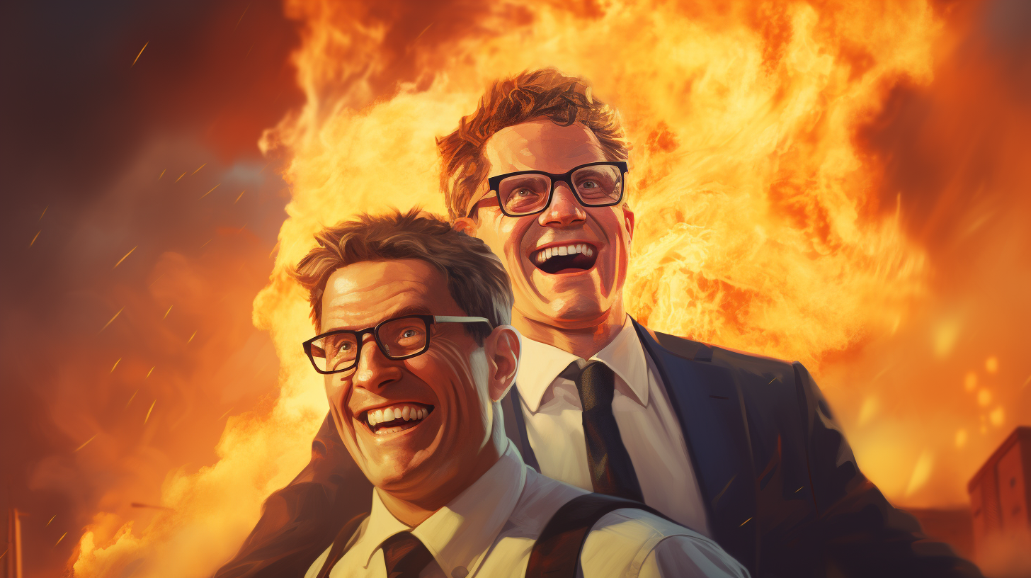 Illustration of a firefighting hero with a businessman on his back