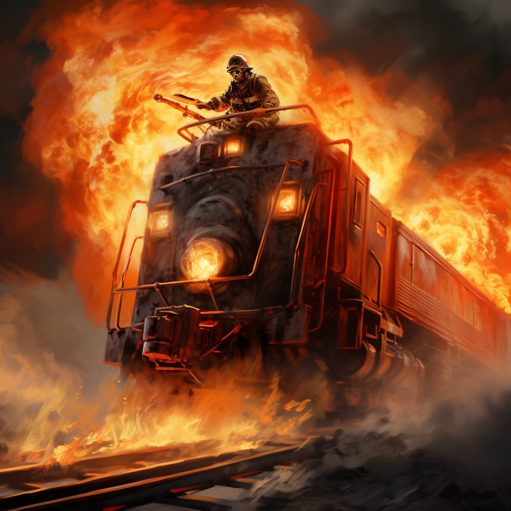 Firefighter riding on top of a burning train