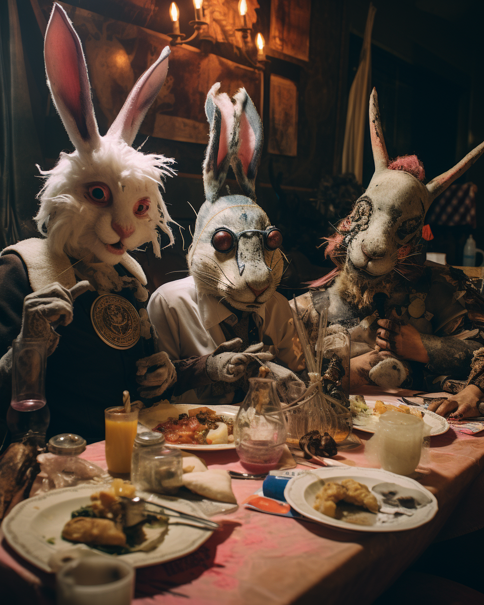 Bizarre carnival characters at a tea party