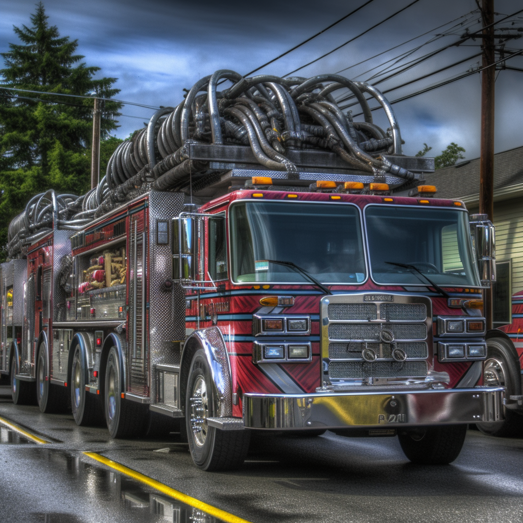 Firetruck with multiple hoses spraying water