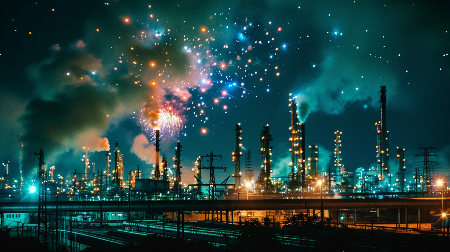 Vibrant fireworks illuminating chemical plant