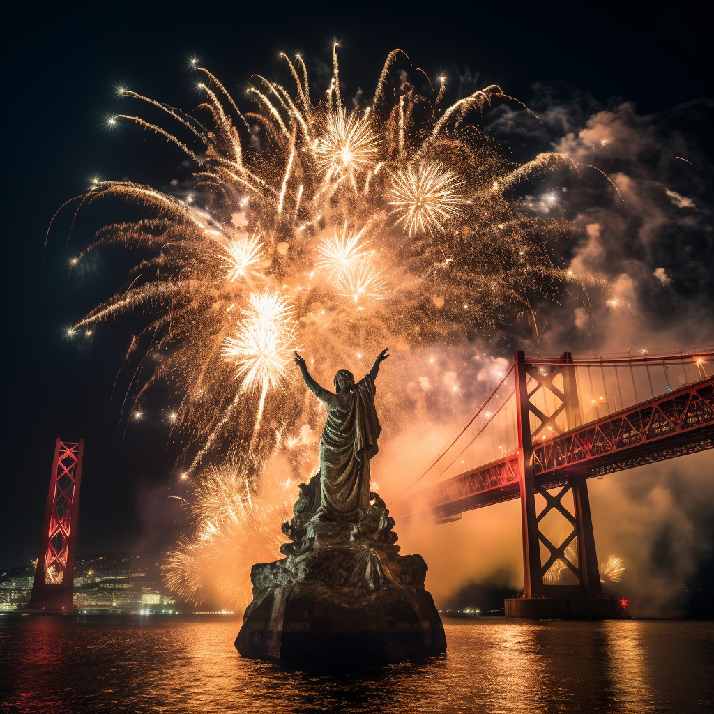 Beautifully illuminated fireworks display in Lisbon