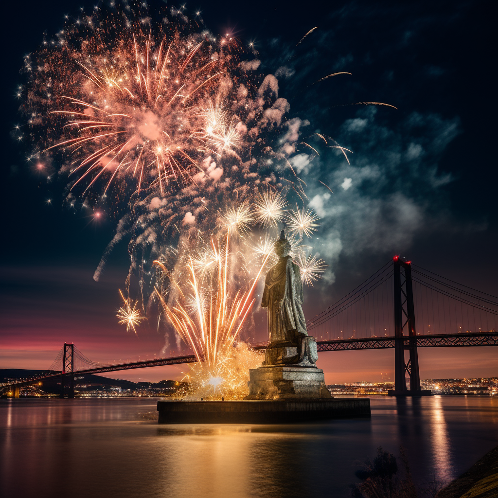 Beautiful Fireworks in Lisbon at Night