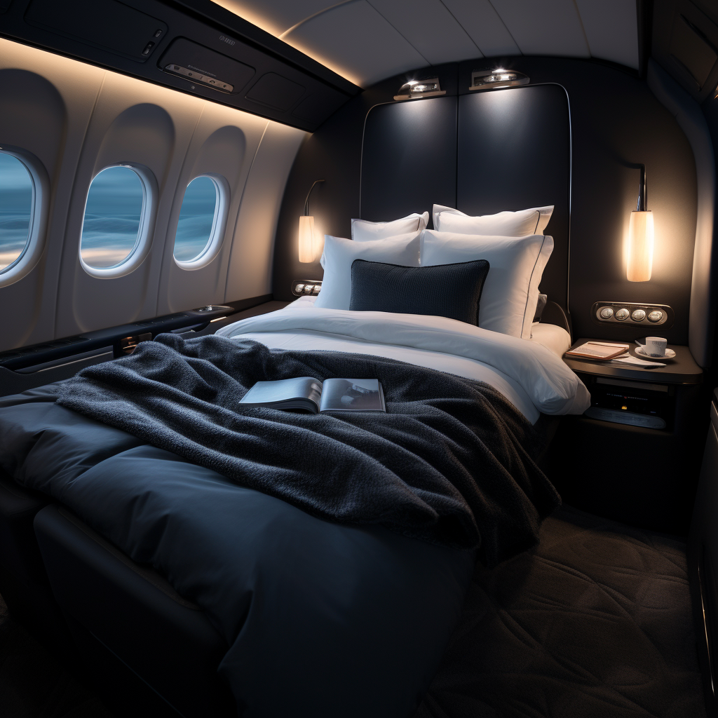 First class plane flight bed with dark gray blanket and navy blue sheet