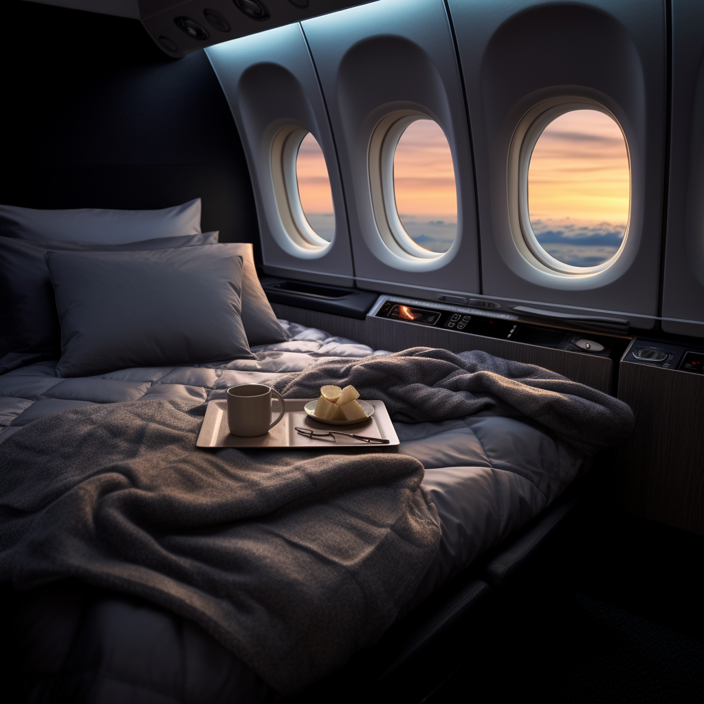 Luxurious first class flight bed with view outside