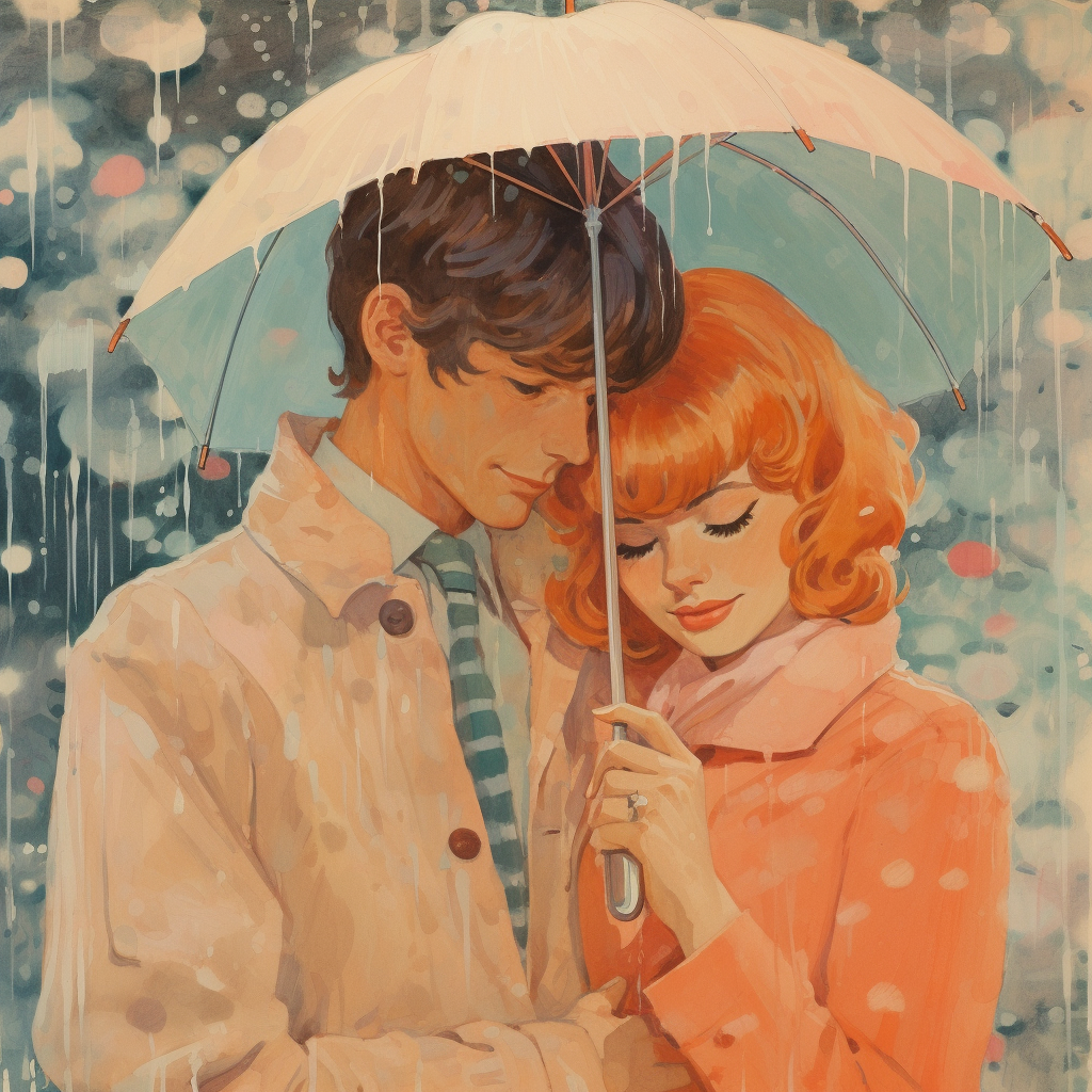 Romantic rainy day illustration from the 1960s