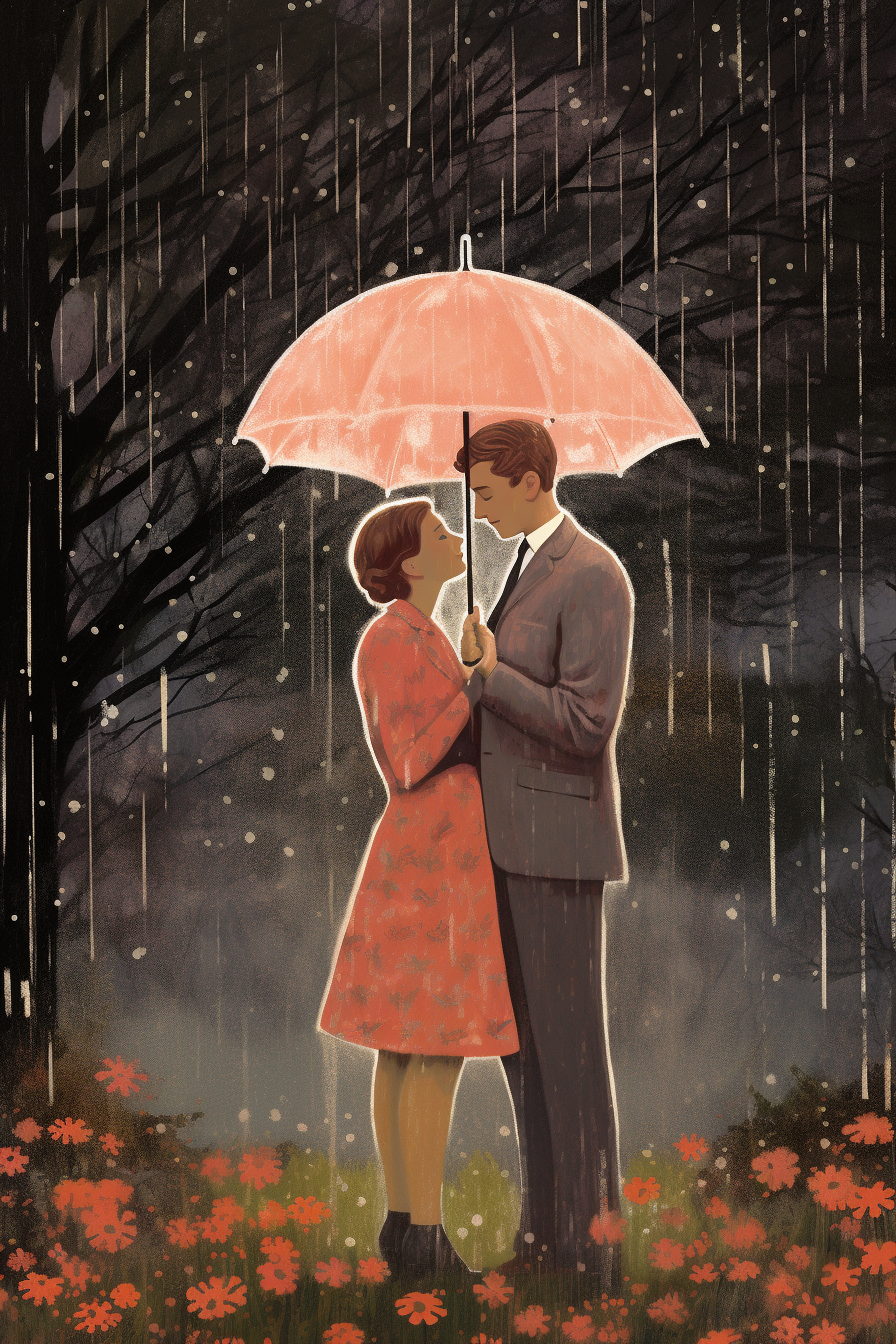 Romantic couple embracing on a rainy day