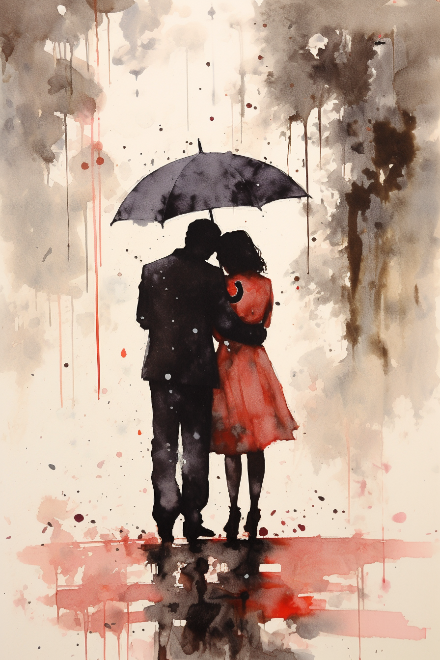 Romantic first love rainy day watercolor silhouette