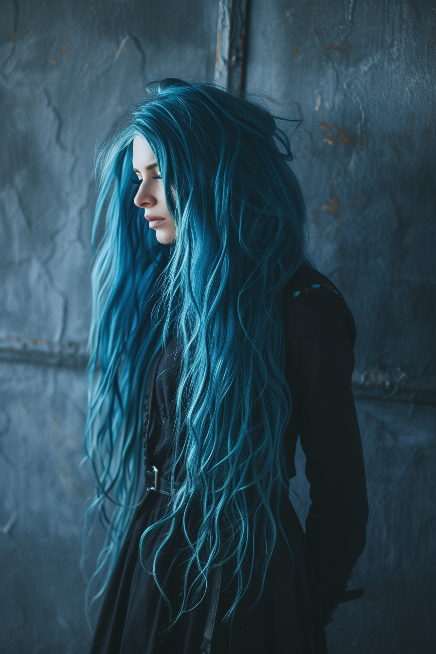 Woman with Super Long Blue Hair