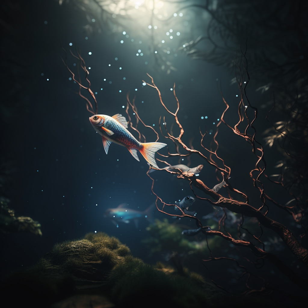 Fish Climbing Tree on Dark Background