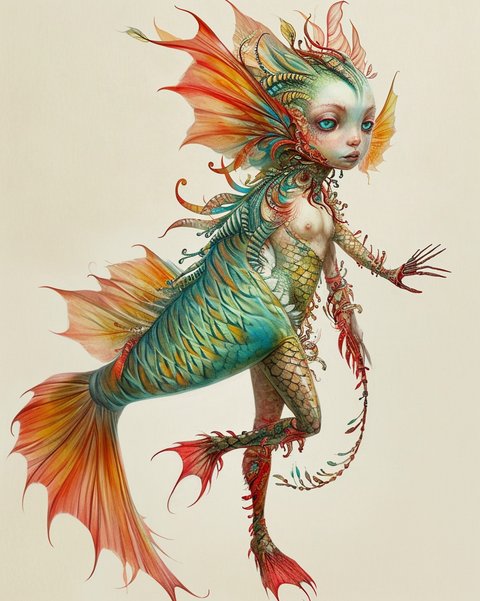 Colorful fish-human chimera artwork