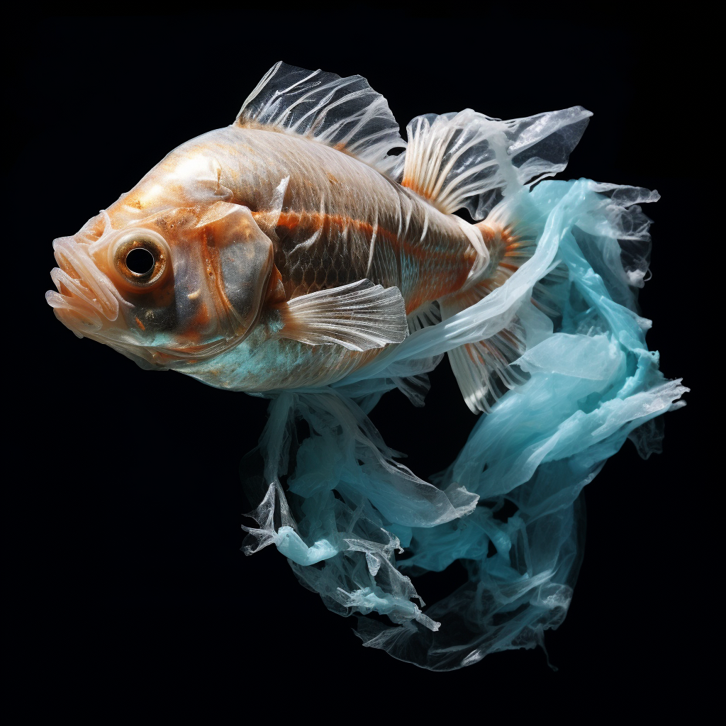 Fish trapped in plastic waste in the sea