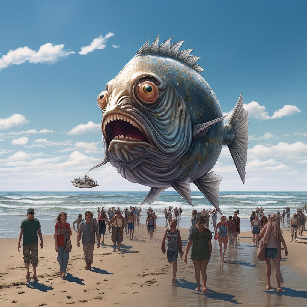 Fish walking on beach with fish-sized humans