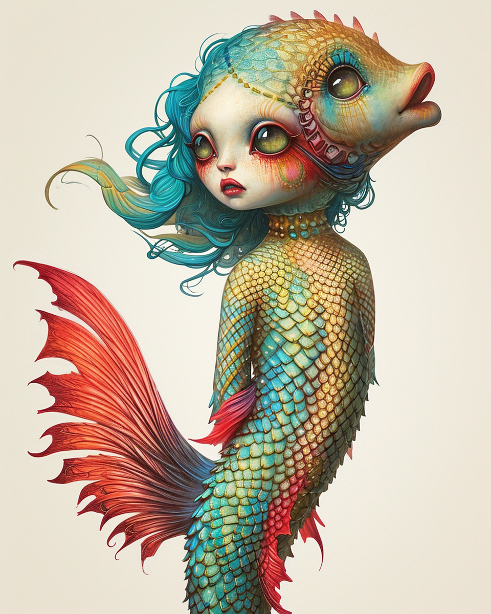 Colorful fish-woman chimera art inspired by Mark Ryden