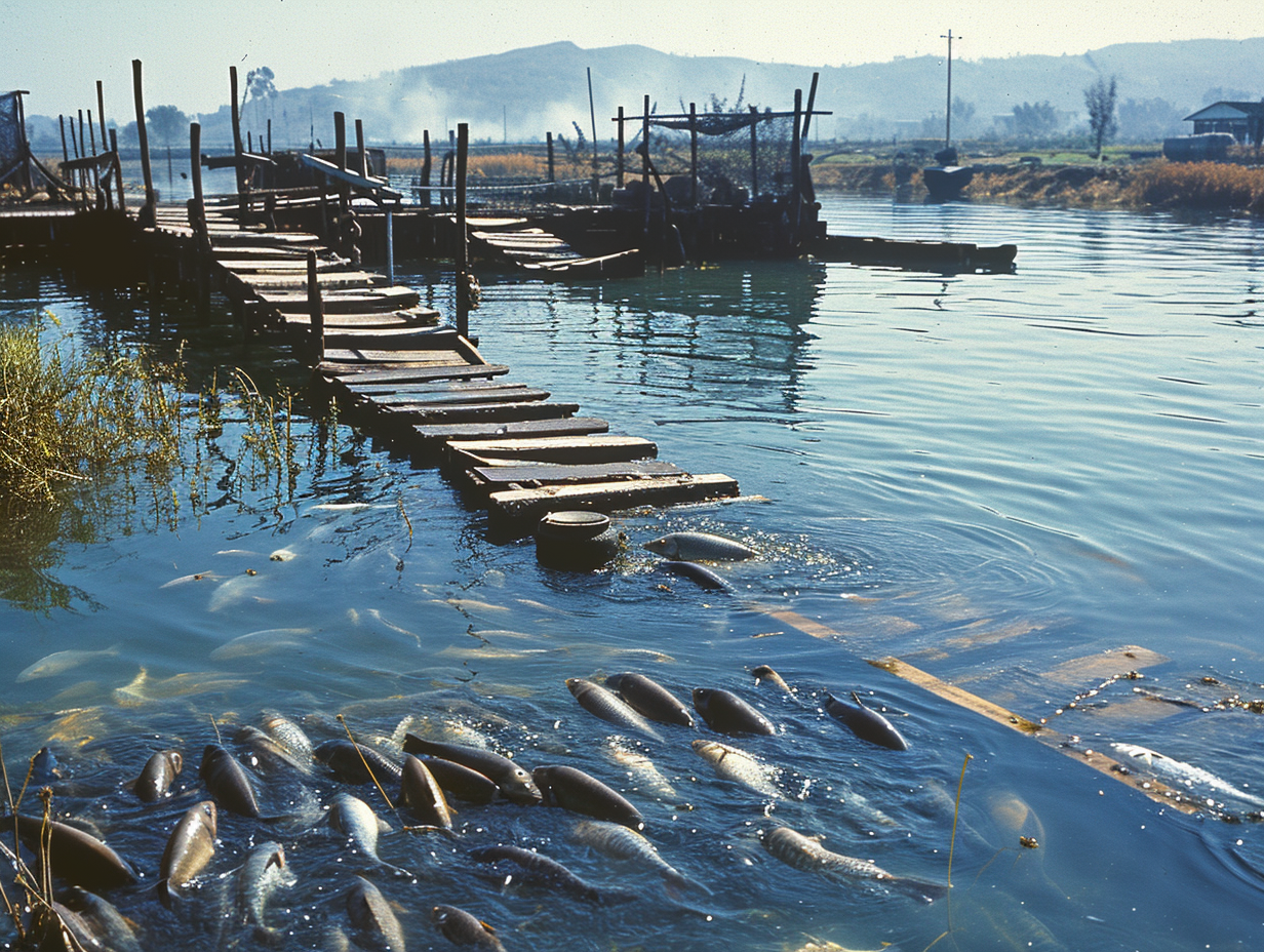 Fish farm scene with overfishing and polluted waters